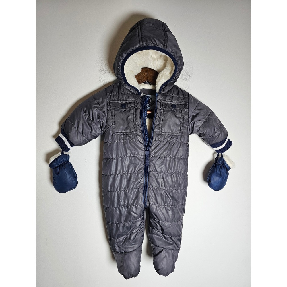 Winter Urban Republic Pram Suit Baby Boy 3M Gray Quilted Faux Fur Hooded Mittens